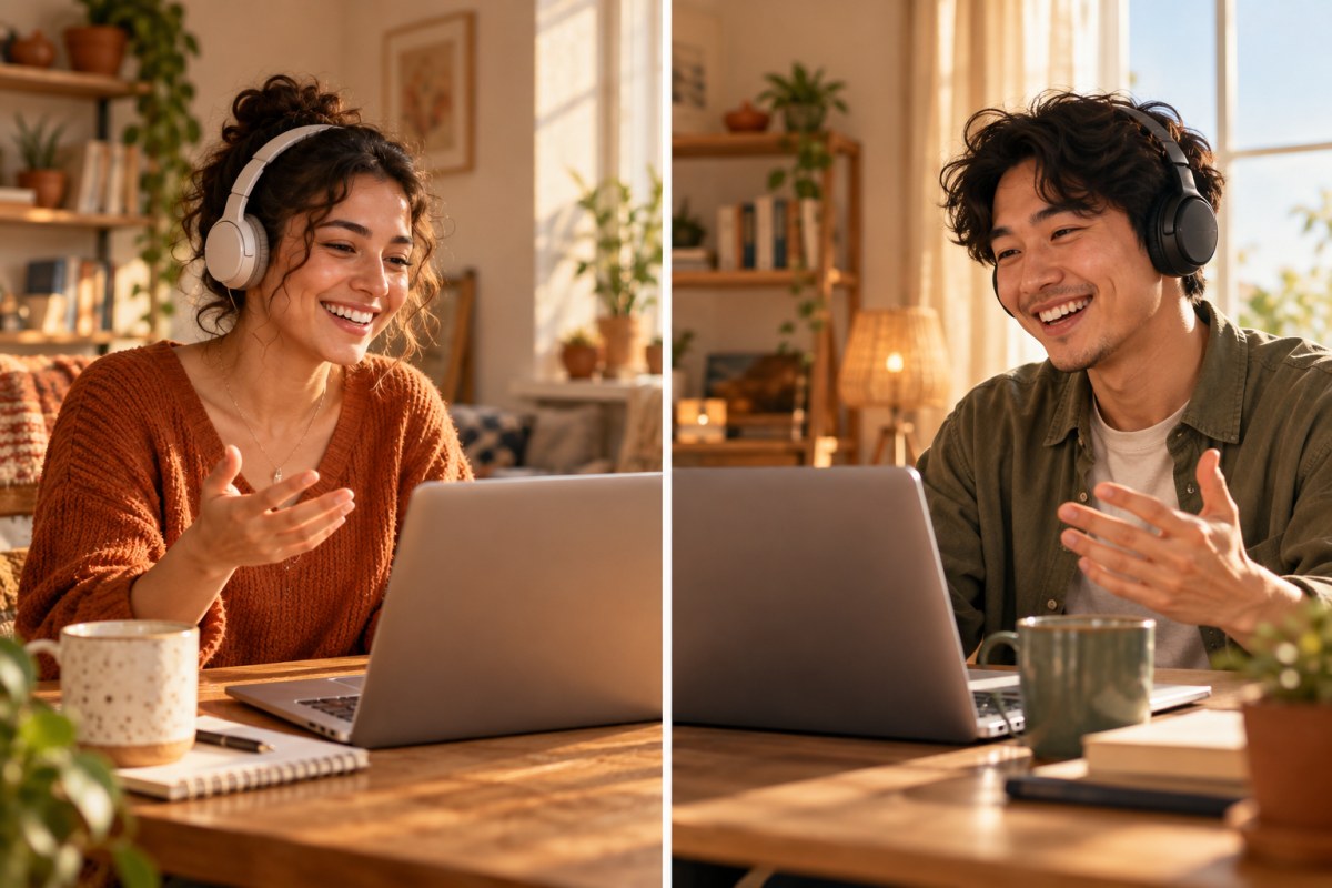 Illustration: two adult learners having an online conversation from separate home workspaces