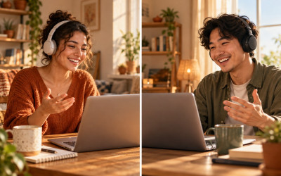 Illustration: two adult learners having an online conversation from separate home workspaces