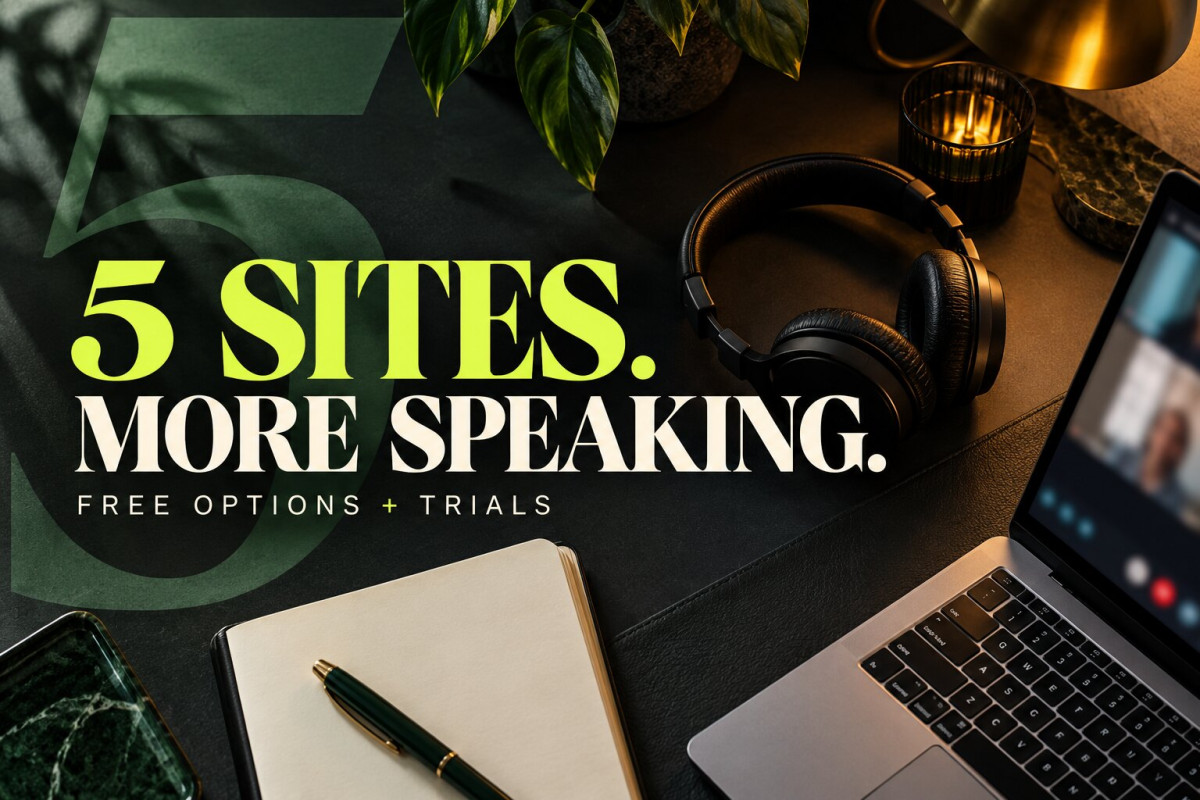Five sites for English speaking practice — headphones and a laptop on a dark green desk