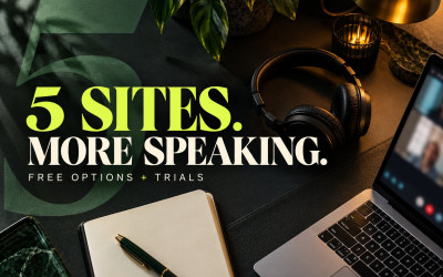 Five sites for English speaking practice — headphones and a laptop on a dark green desk