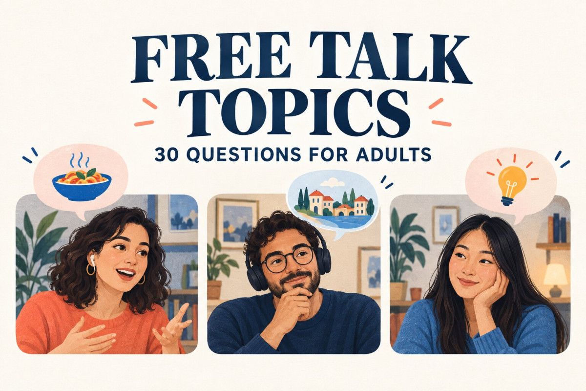 Free Talk Topics: 30 Questions for Adults — illustration of three adults in an online English conversation