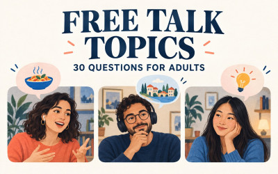 Free Talk Topics: 30 Questions for Adults — illustration of three adults in an online English conversation