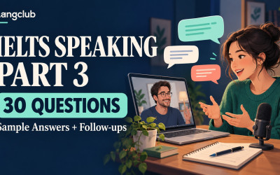 IELTS Speaking Part 3 — 30 questions with sample answers and follow-ups, illustrated online conversation practice