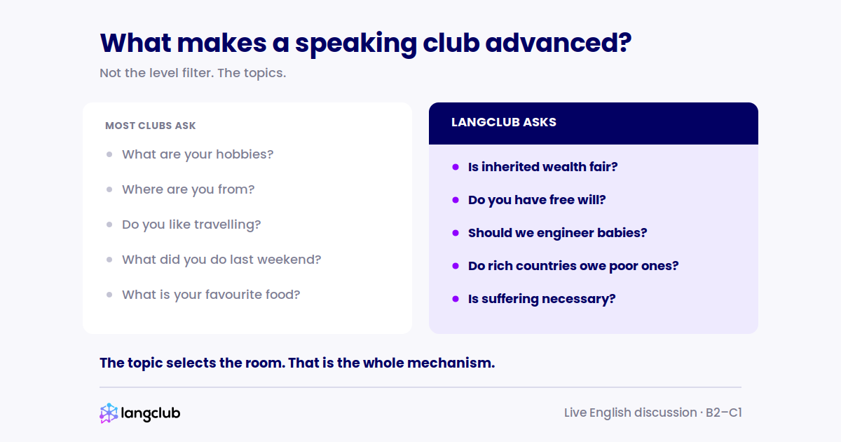 Comparison of typical speaking club questions and Langclub discussion prompts